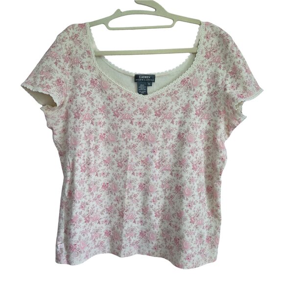 NWOT RALPH LAUREN Peach Floral Cotton Short Sleeve Top XL - Picture 1 of 3